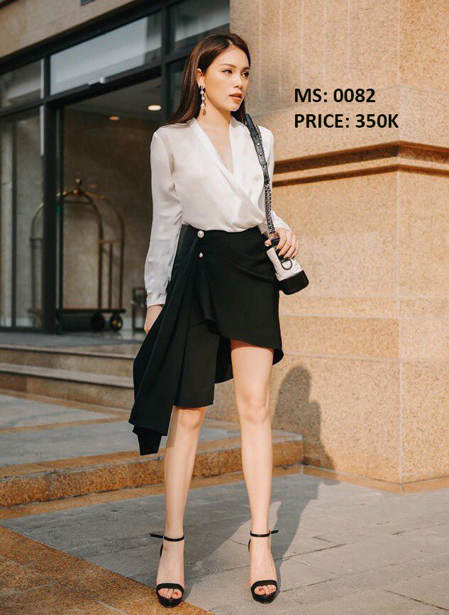 Áo váy kiểu áo tay dài chéo ngực váy lệch